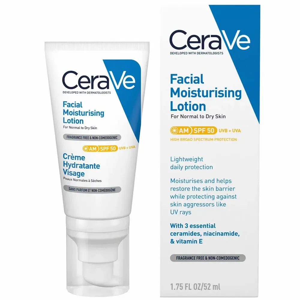 A tube of CeraVe Facial Moisturising Lotion SPF 50 for normal to dry skin, 52 ml, beside its box.