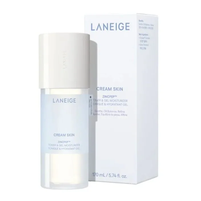 A bottle of Laneige Cream Skin toner and gel moisturiser, 170 ml, beside its pale blue box.
