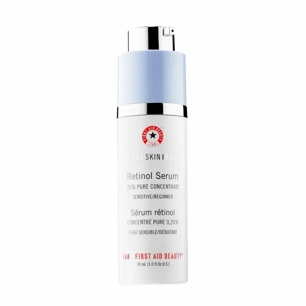 A 30 ml pump bottle of First Aid Beauty FAB Skin Lab Retinol Serum, 0.25% pure concentrate, marked for sensitive or beginner use.