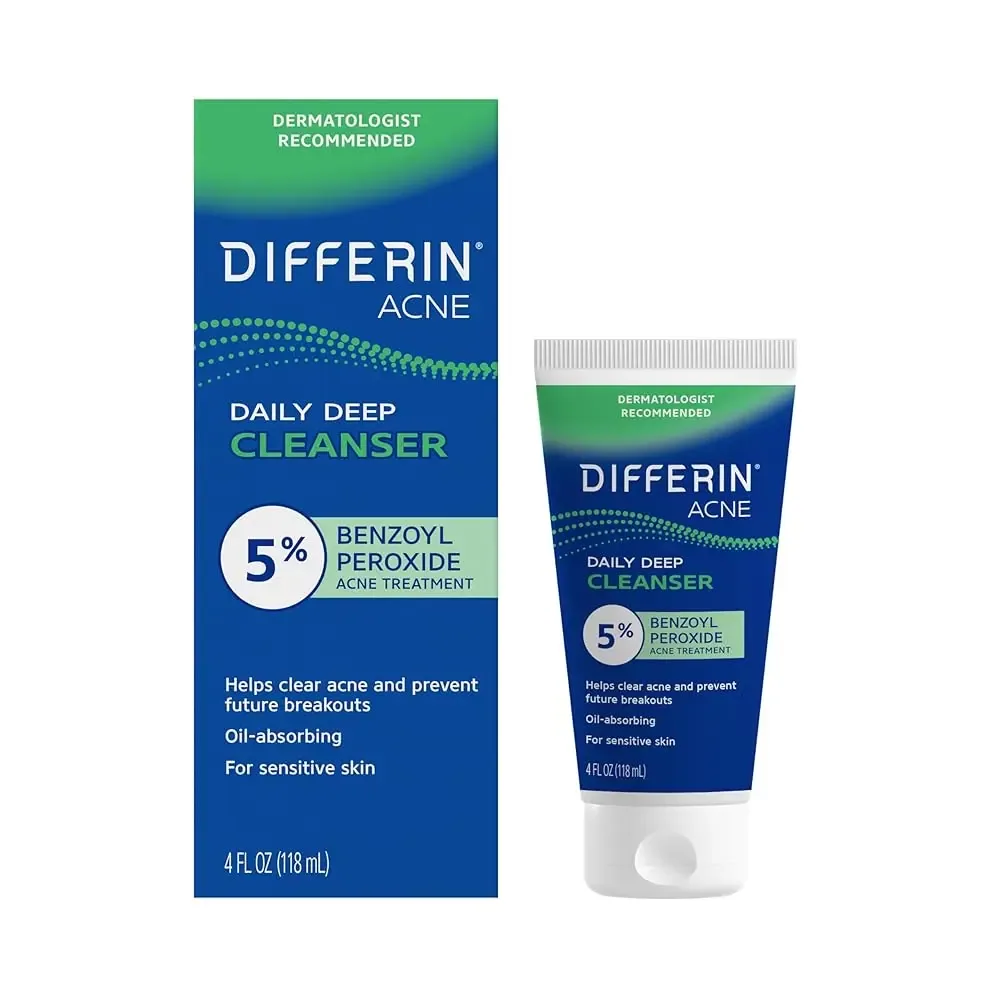 The box and tube of Differin Acne Daily Deep Cleanser with 5% benzoyl peroxide, 118 ml.