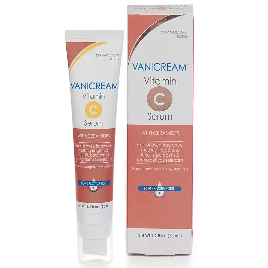 A tube of Vanicream Vitamin C Serum with ceramides, 35 ml, standing beside its box.