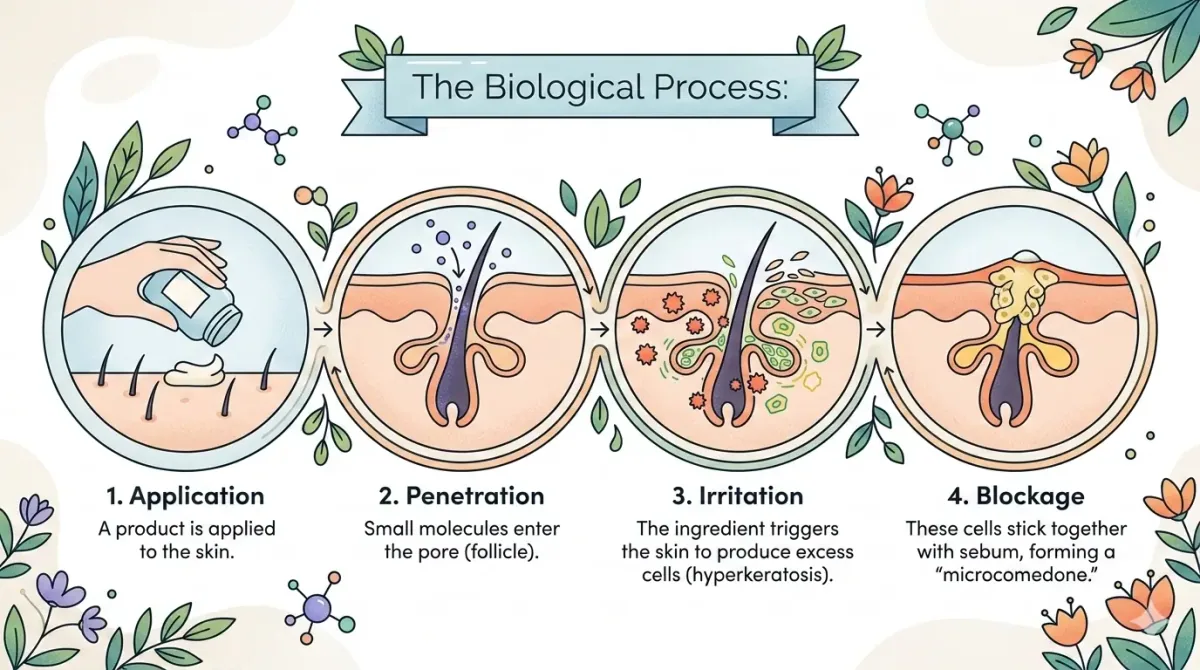 A four-step diagram titled The Biological Process: a product is applied to the skin, small molecules enter the pore, the ingredient triggers excess cells, and those cells stick together with sebum to form a microcomedone.