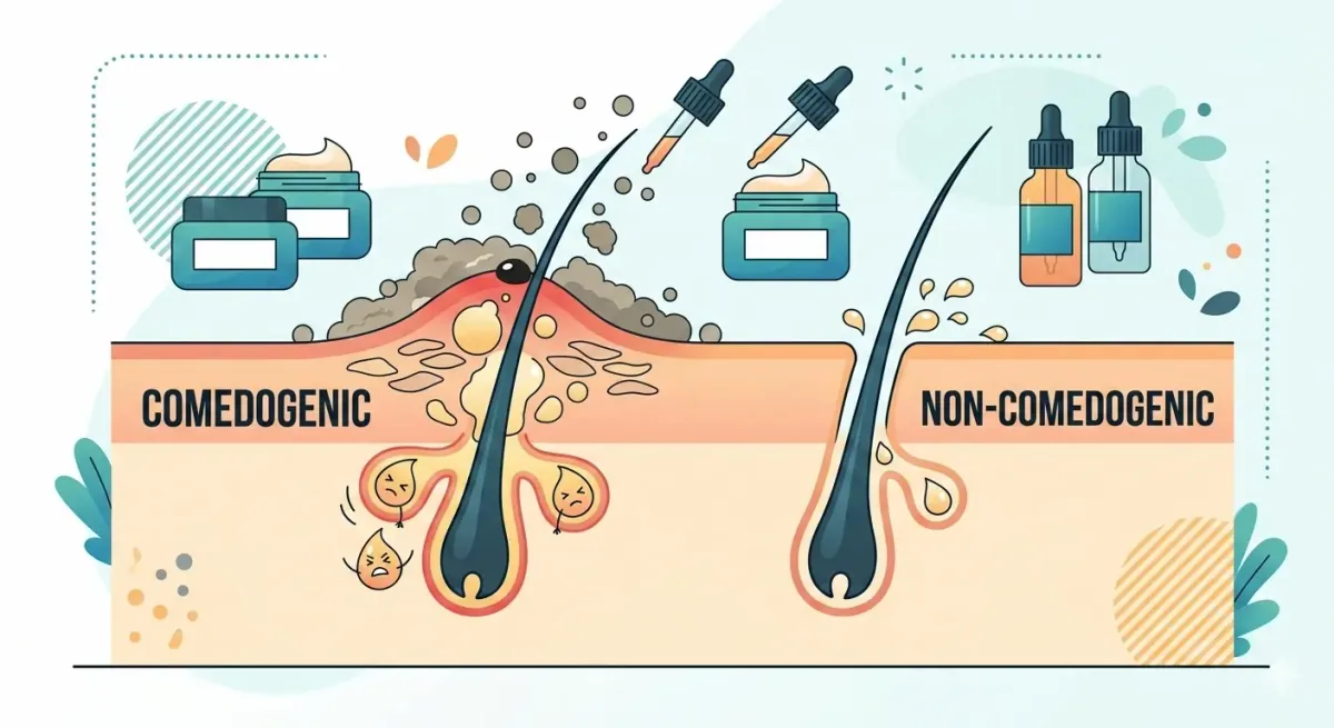 A cross-section of skin split in two. On the comedogenic side the pore is blocked with debris and the follicle is inflamed; on the non-comedogenic side the pore is clear and the product sits on the surface.