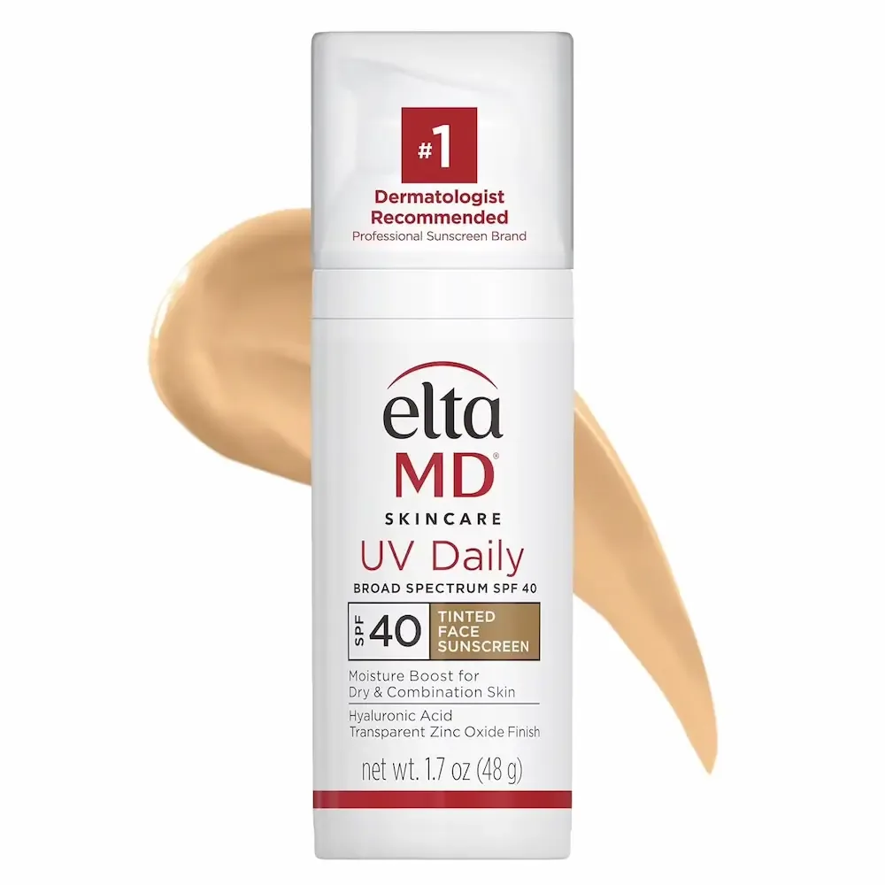 A pump bottle of EltaMD UV Daily Tinted Broad Spectrum SPF 40 face sunscreen, 48 g, with a beige swatch behind it.