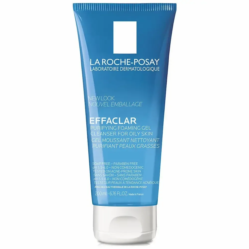 A 200 ml blue tube of La Roche-Posay Effaclar purifying foaming gel cleanser for oily skin.