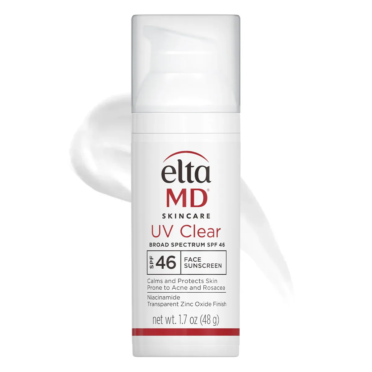 A pump bottle of EltaMD UV Clear Broad Spectrum SPF 46 face sunscreen, 48 g, with a white swatch behind it.